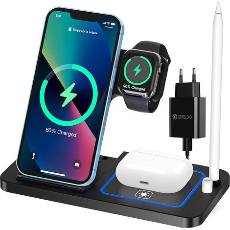 Station de recharge sans fil 18 W, station de recharge par induction 4 en 1 pour Apple Watch SE/7/6/5/4/3/2, AirPods Pro/2, compatible avec iPhone 14/13/12/12 Pro Max/11/XS Max/X/X/XS 8/8 Plus et Sams (1/5)