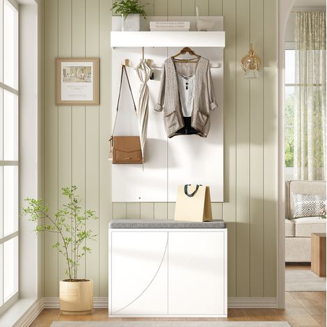 Garderoben-Set 3-in-1-Set – Kleiderständer mit integrierten 4 Haken, Schuhschrank mit zwei Türen und Schuhbank. Weiß,60×35×(45+100)cm (1/5)