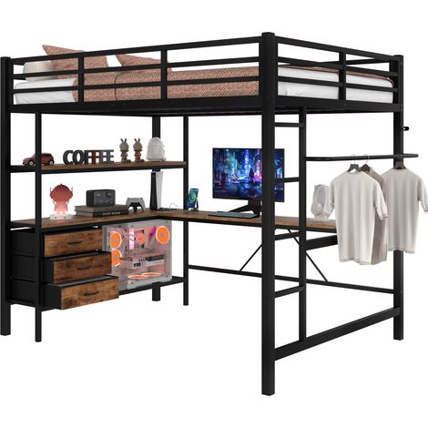 Lit mezzanine 140x200 cm avec LED, bureau, prises USB, 3 tiroirs, étagères, barres de rangement et escalier sécurisé, structure métal MDF noir CHICFURN (1/5)