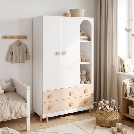 Armadio per Cameretta Vaarentaa a 2 Ante con 4 Cassetti e 3 Vani Aperti 156x90x41 cm - Bianco/Effetto Rovere [en.casa]