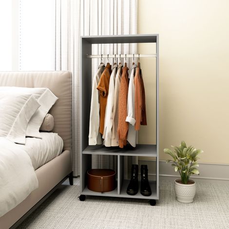 Armoire penderie étagère 2 niches 4 roulettes pivotantes 60x40x128 cm gris. Penderie grise pour votre chambre, sobre et mobile. (1/5)