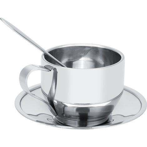 Isolierter Edelstahl-Kaffeebecher, doppelwandiger Tee- und Milchbecher mit Untertasse und Löffelset (1/5)
