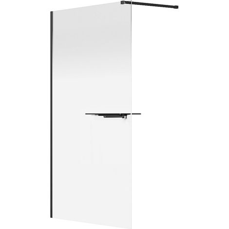 Vente-Unique – Paroi de douche italienne en verre trempé noir mat 120 x 200 cm – Épaisseur 6 mm – Avec porte-serviette et étagères en acier inoxydable