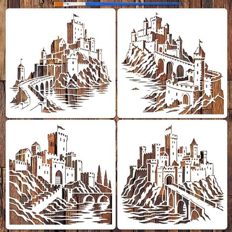 4Pièces Pochoirs Peinture Châteaux Médiévaux 30x30cm (1/5)
