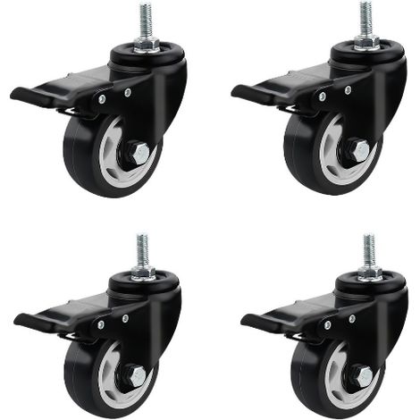 Roulettes pivotantes robustes avec frein, 75 mm, tige filetée M10 x 30 mm, pivotant à 360 degrés, 4 roues en polyuréthane. (1/5)