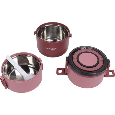 Boîte-repas isotherme 2200ml 3 compartiments détachables, portable en acier inoxydable 304, bento rouge (1/5)