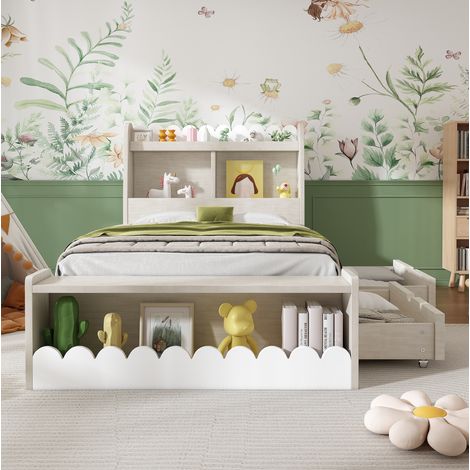 lit enfant rangement 90x190 bois blanc avec tiroirs HAVRYA (1/5)