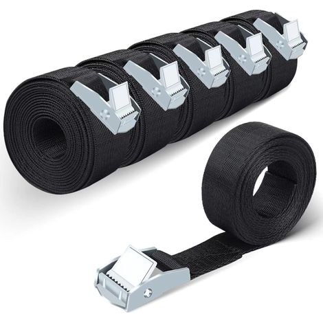 Correas de amarre de hasta 680 kg. Paquete de 6 unidades. Correas negras de nailon de alta resistencia con hebilla de aleación de zinc (20 mm x 400 mm). (1/5)