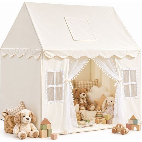 Relaxdays Tenda gioco, HxLxP: 130 x 125 x 95 cm, festone, 5 finestre, tenda, a incastro, casetta bimbi, beige (1/5)