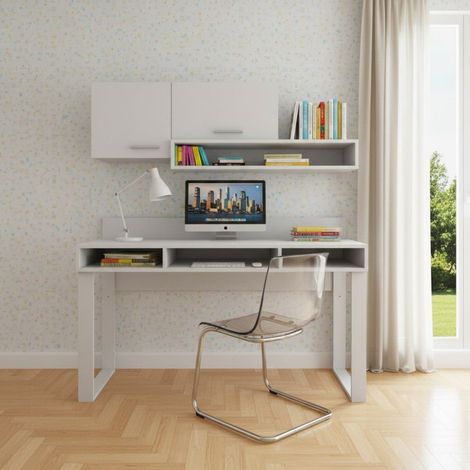 Scrivania con pensili design moderno e libreria sospesa - Angolo studio completo - Bianco