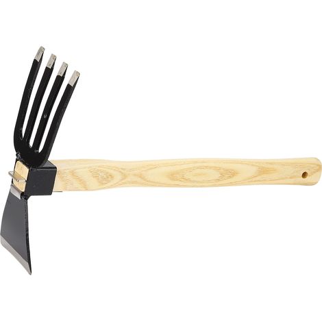 Outil de jardinage binette et râteau en acier au carbone avec manche en bois pour désherber récolter planter (1/5)