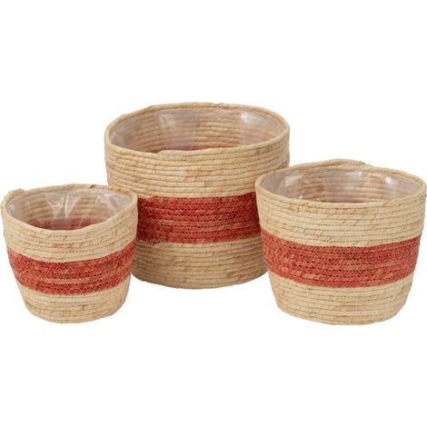 Lot de 3 Paniers Déco "Ligne" 26cm Naturel & Rouge