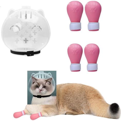 Set museruola e stivaletti per gatti - Museruola con cappuccio regolabile e 4 stivaletti in silicone - Per il bagno e la toelettatura - Rosa (1/5)