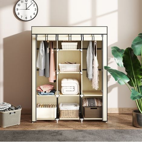 Armadio in tessuto pieghevole 2 appendiabiti 8 ripiani 103 x 43 x 162,5 cm crema OKWISH (1/5)