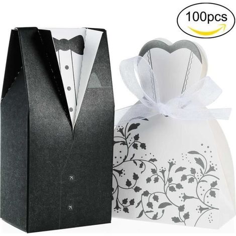 100pcs Boîte à Dragées pour mariage Cadeau, 50pcs jeune Marié noir + 50pcs Mariée blanc, Chocolat bonbons (1/3)