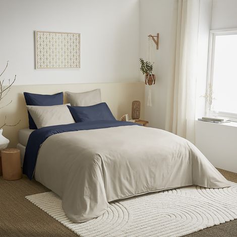 Pack complet 6 pièces Lin/Marine réversible housse de couette pour lit 160 x 200 cm - Lin - (1/2)