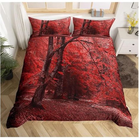 Ensembles d'impression d'arbre de Housse de Couette Branche de Feuille Rouge Parure de lit 220x240cm Paysage d'automne - 2KN (1/4)