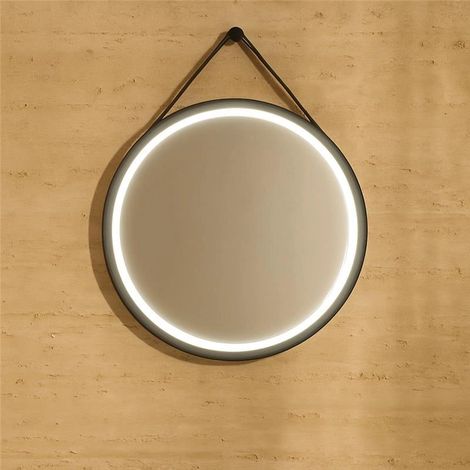 Exagonshop Specchio 70 cm illuminato con cintura in ecopelle nero
