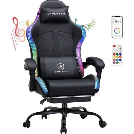 Chaise de jeu, chaise de bureau, chaise de jeu avec haut-parleur et barre lumineuse, chaise gamer, dossier avec sac de rangement, chaise ergonomique en polycarbonate avec télécommande (1/5)