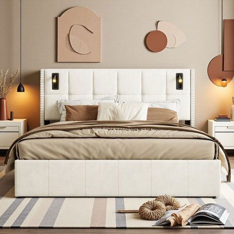 Cama Doble 160x200 - Cofre LED - Almacenamiento XXL - Iluminación Integrada - Cabecera de Terciopelo Beige (1/5)