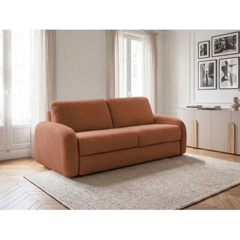 BOBOCHIC - Canapé droit convertible KENAN ouverture express tissu bouclette  140x196 Orange
