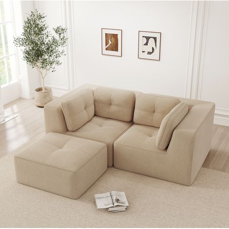 REDOM - Canapé d'angle modulaire 208x177x69 cm, sans montage, repose pieds mobile, accoudoirs larges, velours côtelé beige (1/5)