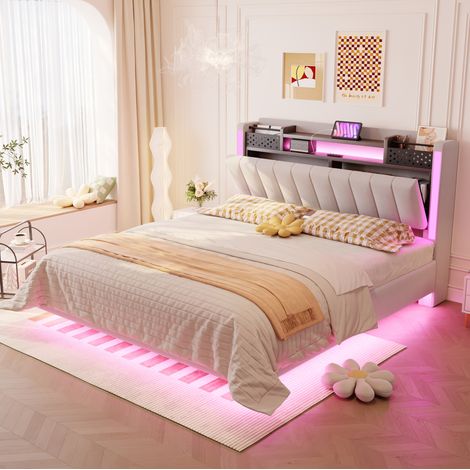 Bett 140x200 Bettgestell mit Stauraum LED Leinen HAVRYA (1/5)