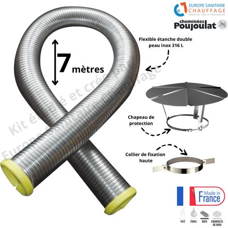 Poujoulat – Kit tubage flexible double peau inox 80mm – Collier de fixation haute Ø80 – Chapeau réglable pour évacuation fumées – Longueur 7 mètres