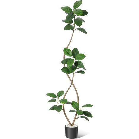 Plante artificielle réaliste – Arbre caoutchouc décoratif grand taille, double tronc, feuillage naturel – Pot pierre beige, galets – Idéal salon, entrée, bureau – 210cm, Beige mine pot flower (1/5)