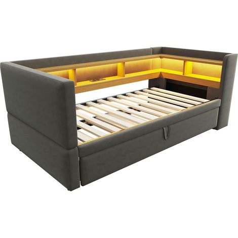 Divano letto estraibile imbottito 90/180 x 190 cm con LED, prese e contenitori MODENUIT (1/5)
