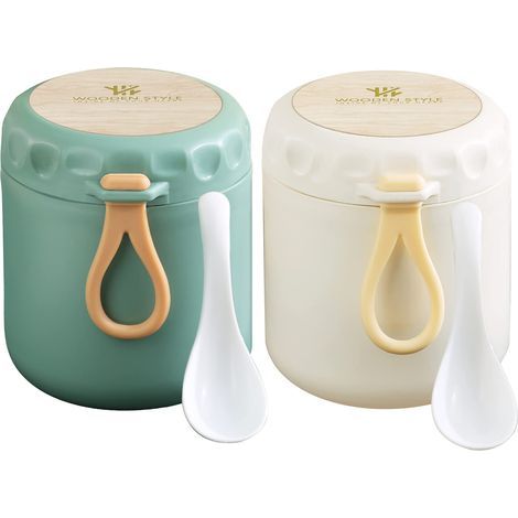 2Pcs Gobelet à Céréales à Emporter,Bol Muesli, Overnight Oats Jar,Convient pour le Congélateur, le Micro-ondes ,Green +Beige (1/5)