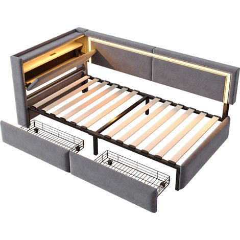 Letto divano 90x200 cm con LED e porte USB in velluto grigio scuro (1/5)