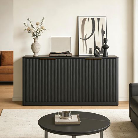 Aparador de MDF negro 150 x 40 x 70,5 cm, 4 puertas, sobre efecto madera, mueble de almacenaje multifuncional (1/5)