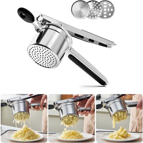 Spremiagrumi manuale 1 pezzo color argento per patate e verdure, con 3 piastre di schiacciamento e manico antiscivolo, ideale per patate, verdure e frutta. (1/5)