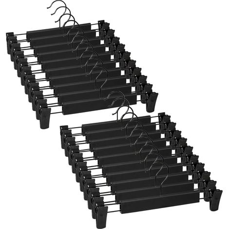 Juego de 20 perchas para pantalones y faldas, con 2 pinzas antideslizantes ajustables, para colgar pantalones, calcetines y faldas - Negro