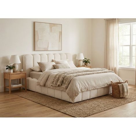 Lit coffre en tissu bouclette beige 180x200 cm RITA