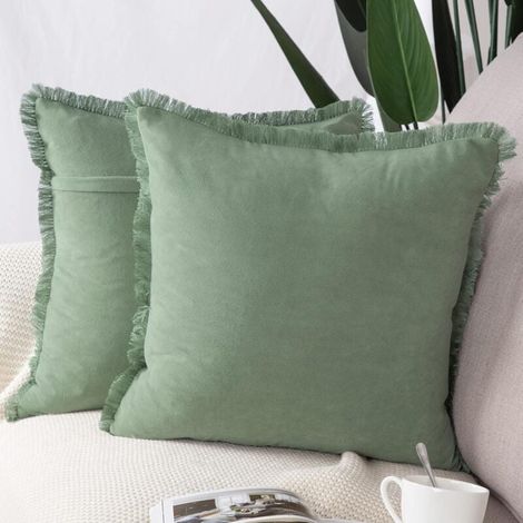 Doux Simili Daim Décoratif Housses de Coussin à Glands Luxe Style pour canapé Chambre Clair Lot de 2 Vert (1/2)