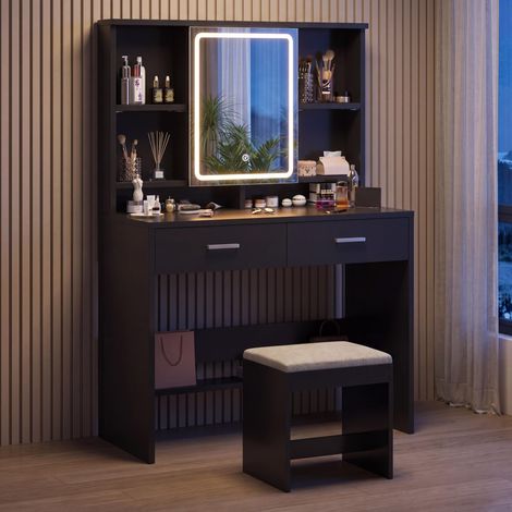 Coiffeuse avec Miroir à éclairage LED et luminosité réglable, Table de Maquillage Moderne avec 2 tiroirs, étagères Ajustables et Rangement à Bijoux, Couleur Noire avec Tabouret Inclus