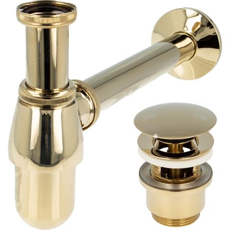 tecuro Siphon mit Pop Up Ablaufventil vergoldet - Universal Set für Waschtisch / Waschbecken (1/5)