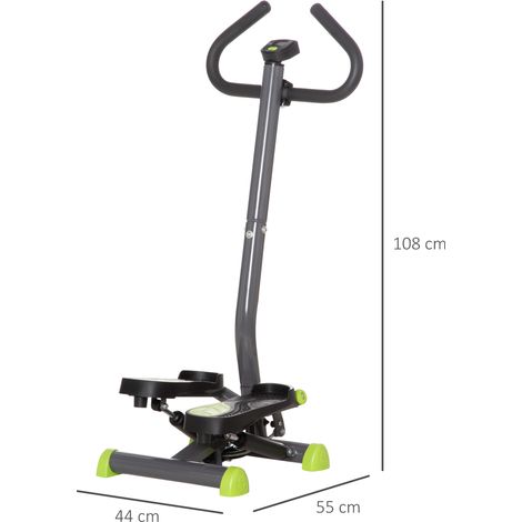 Stepper avec guidon, pédales antidérapantes et écran LCD. Fabriqué en acier et ABS. Dimensions : 55 x 44 x 108 cm. Couleurs : Noir, gris, vert. (1/5)