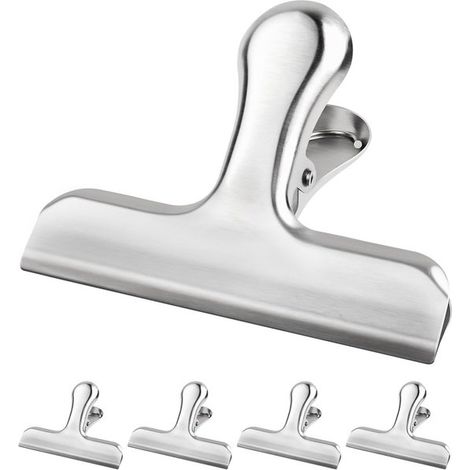 Set di 4 clip per alimenti e sacchetti in acciaio inox，Robuste clip in metallo per alimenti，Grandi morsetti in acciaio inox，Argento，119 mm (1/5)