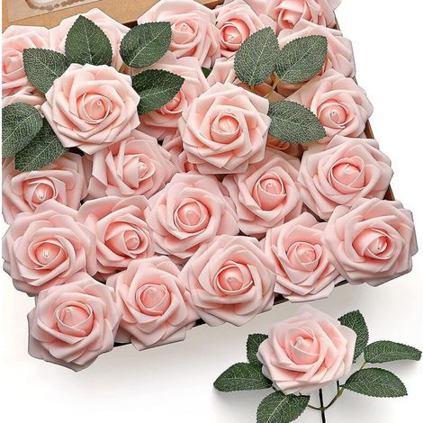 Set mit 50 künstlichen Rosen aus puderrosa Schaumstoff, realistische Nachbildung, mit Stielen, für Brautsträuße, Tischdekorationen, Junggesellinnenabschiede, Feiern und als Wohndekoration. (1/5)