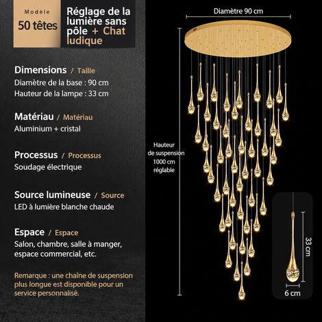 Lustre suspension cristal verre escalier duplex, taille de guêpe 50 têtes, modèle décalé, gradation continue, réglable 180 cm, 1 kg – Livraison gratuite