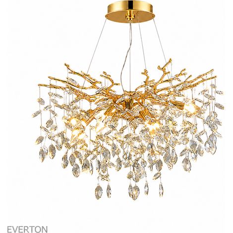 Lustre en Cristal K9 60 cm de Luxe, Suspension Dorée Style Branches Artistiques, Lustre Design en Métal Électroplaqué avec Hauteur Réglable 150 cm, Douille E14 pour Salon, Salle à Manger, Chambre