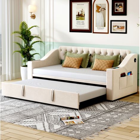 Sofá cama tapizado de terciopelo beige 90x190 cm, extensible a 180x190 cm, con USB, almacenaje y somier (1/5)