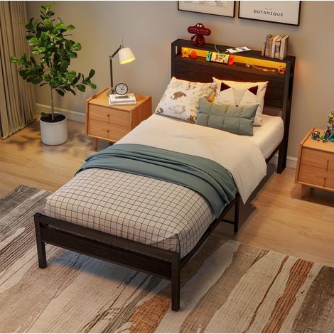 Lit de rangement 90x200 avec LED et ports USB, structure métal noir pour jeune et invité, FloraGrace (1/5)
