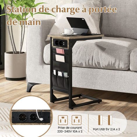 Set of 2 C-shaped side tables with charging station & USB ports & side pocket bedside table (1/5)