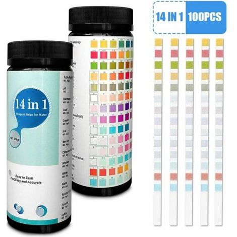 Lot de 100 bandelettes de test 14 en 1 pour eau potable,détection rapide de dureté,pH,brome,nitrate et plus (1/4)