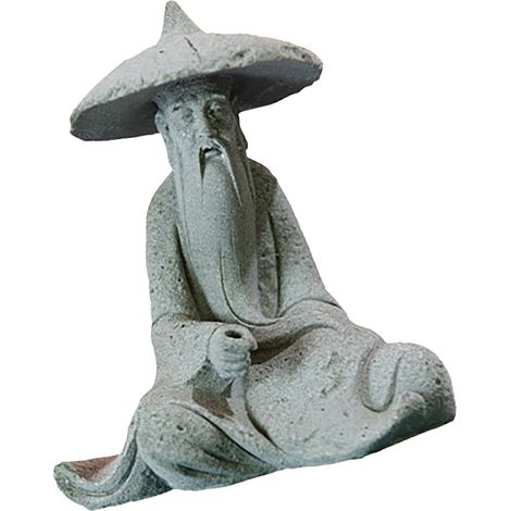 Petite statue pêcheur assis déco aquarium en pierre artificielle, figurine zen asiatique vintage, ornement bassin poisson, 1 pêcheur 1 canne 1 poisson (1/4)