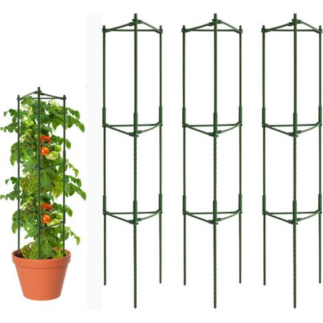 Lot de 3 cages à tomates pour jardin, tuteurs métalliques de 120 cm, treillis à tomates pour plantes en pot, pour plantes grimpantes, vert (1/5)